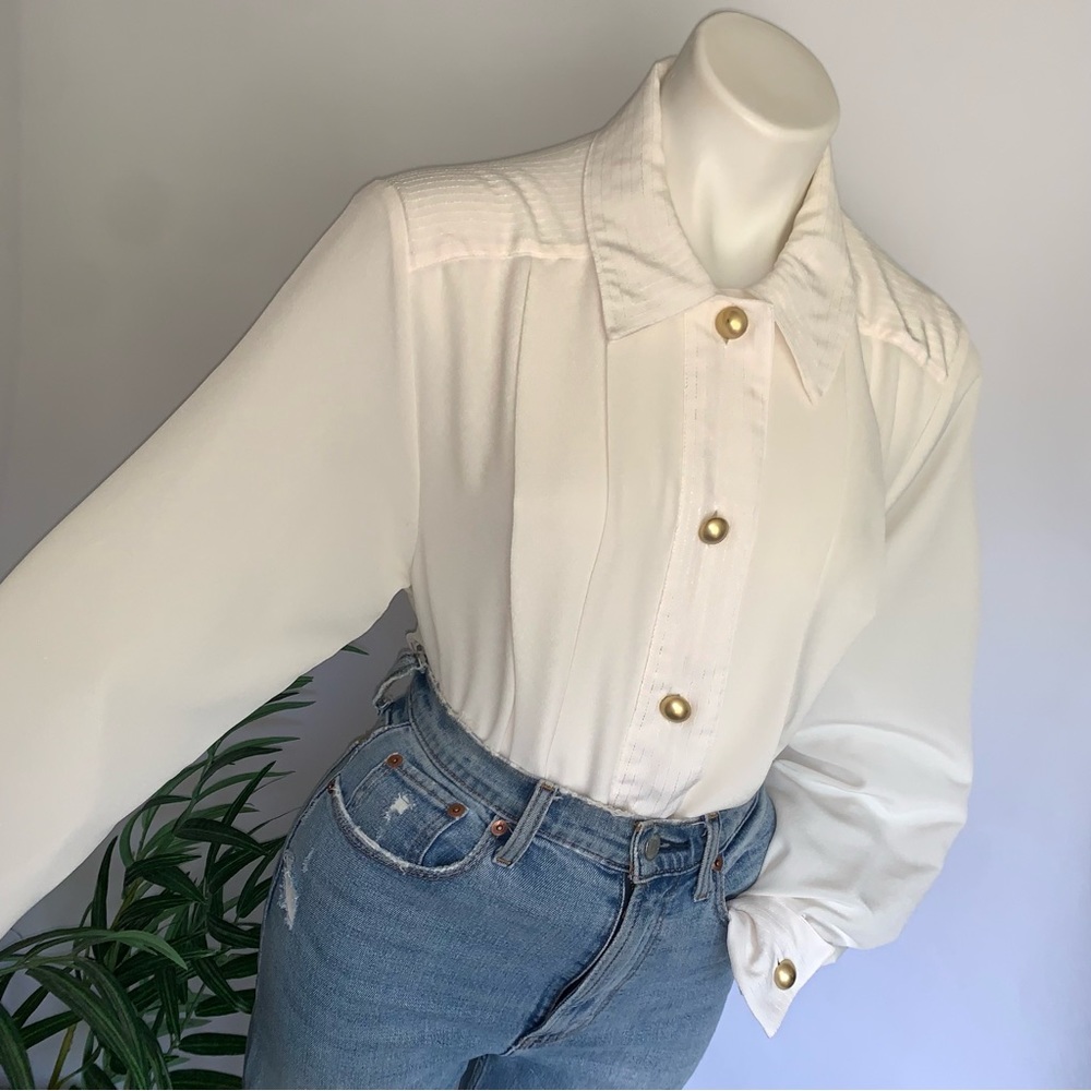 v i n t a g e :: Elegant Pleated Pinstripe Cufflink Satin Blouse - Picture 13 of 13